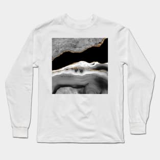 Watercolor Agate in Monochrome, Black and White, Faux Glitter Veins Long Sleeve T-Shirt